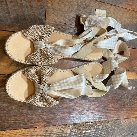 Free People Go For Gingham Wrap Sandals Natural Espadrille Tie Up Shoes Women’s - Picture 3 of 12